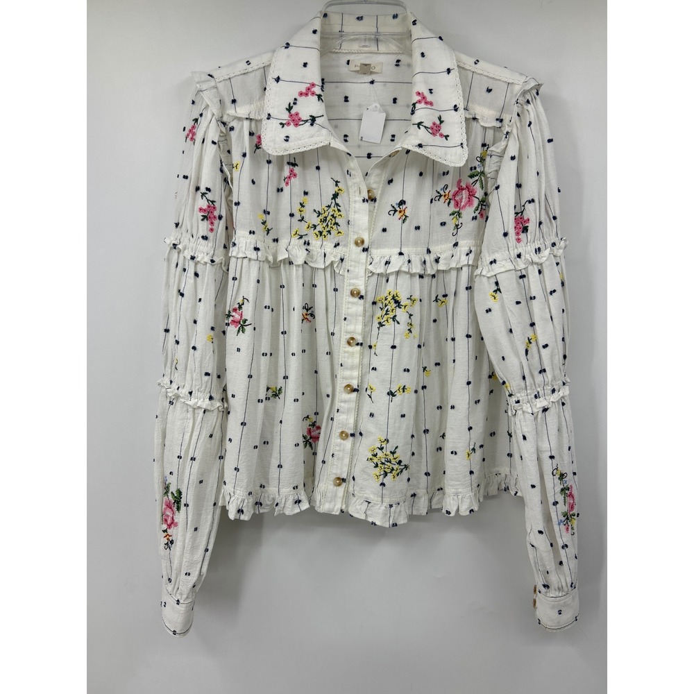 Pilcro and the Letterpress Floral Embroidered Ruffle Cotton Blouse White Small